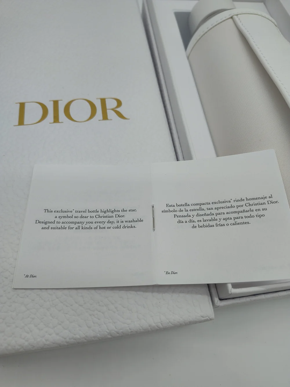 DIOR Exclusive Travel Water Bottle White Holder Gold Star Charm Gift Box NIB